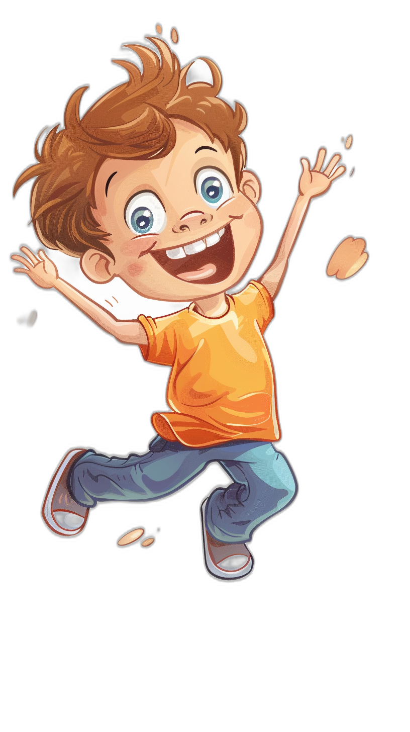 A cartoon boy is jumping happily, with a black background and illustrations. He has short brown hair, blue eyes, white skin, wearing an orange shirt, jeans, and sneakers on his feet, hands raised in the air, smiling brightly. The illustration style should be cute and colorful. High resolution. Cartoon character design in the style of vector graphics. Full body portrait. Black background. A happy expression.