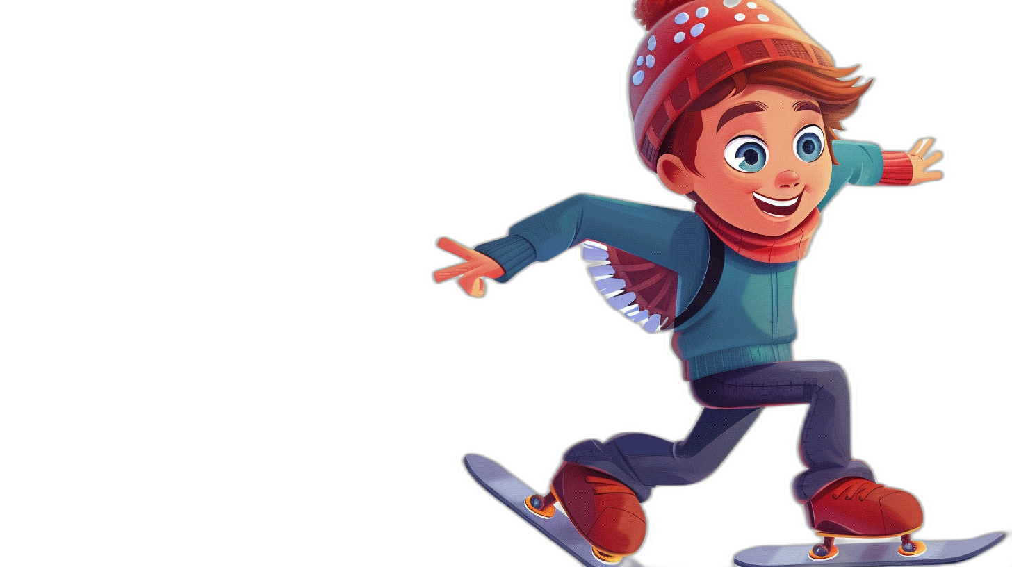 A cartoon boy in winter is riding on his skateboard, smiling and having fun against an isolated black background, in the style of cartoon and Pixar/Disney animation styles.