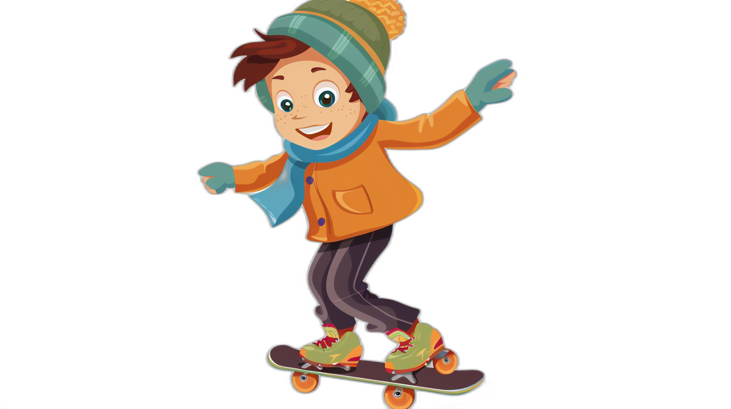 Little boy in winter on a skateboard, flat design illustration with a black background, vector graphics, simple shapes, a cute cartoon character, vibrant colors, a fun and energetic pose, a cheerful expression. He is wearing an orange jacket with a blue scarf around his neck and green shoes on his feet, he has brown hair with yellow highlights at the ends, wearing a beanie hat and gloves on his hands.