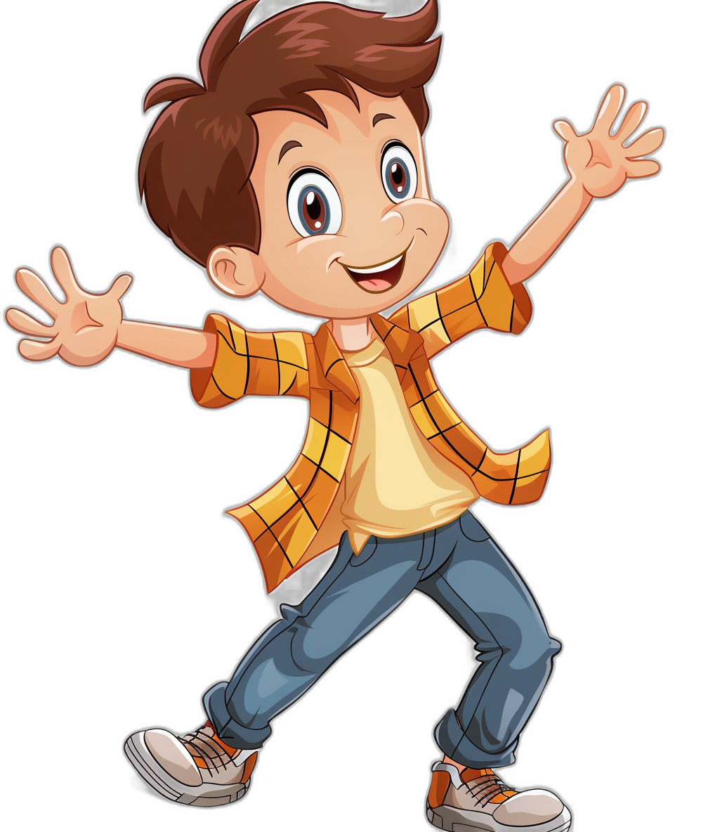 a cute cartoon boy with brown hair and blue eyes, dressed in jeans and an orange plaid shirt, dancing on black background, clip art style, vector illustration for children’s book illustration