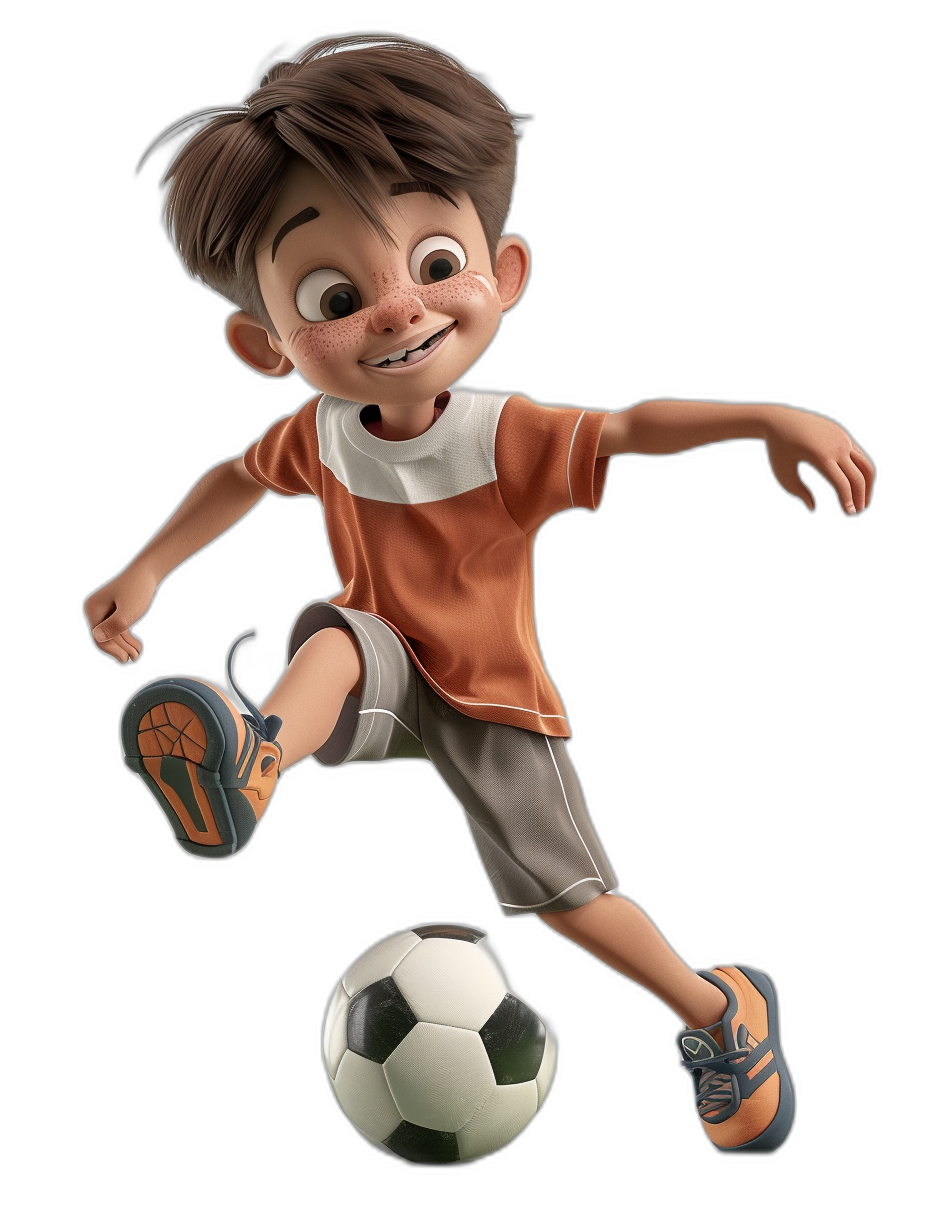 A cute little boy playing soccer in the style of Disney, as a cartoon character with a full body 3D rendering against a black background in the Pixar animation style. He has brown hair in a short haircut, wearing an orange shirt with white sleeves and gray shorts with shoes, kicking the ball that is in his hand.