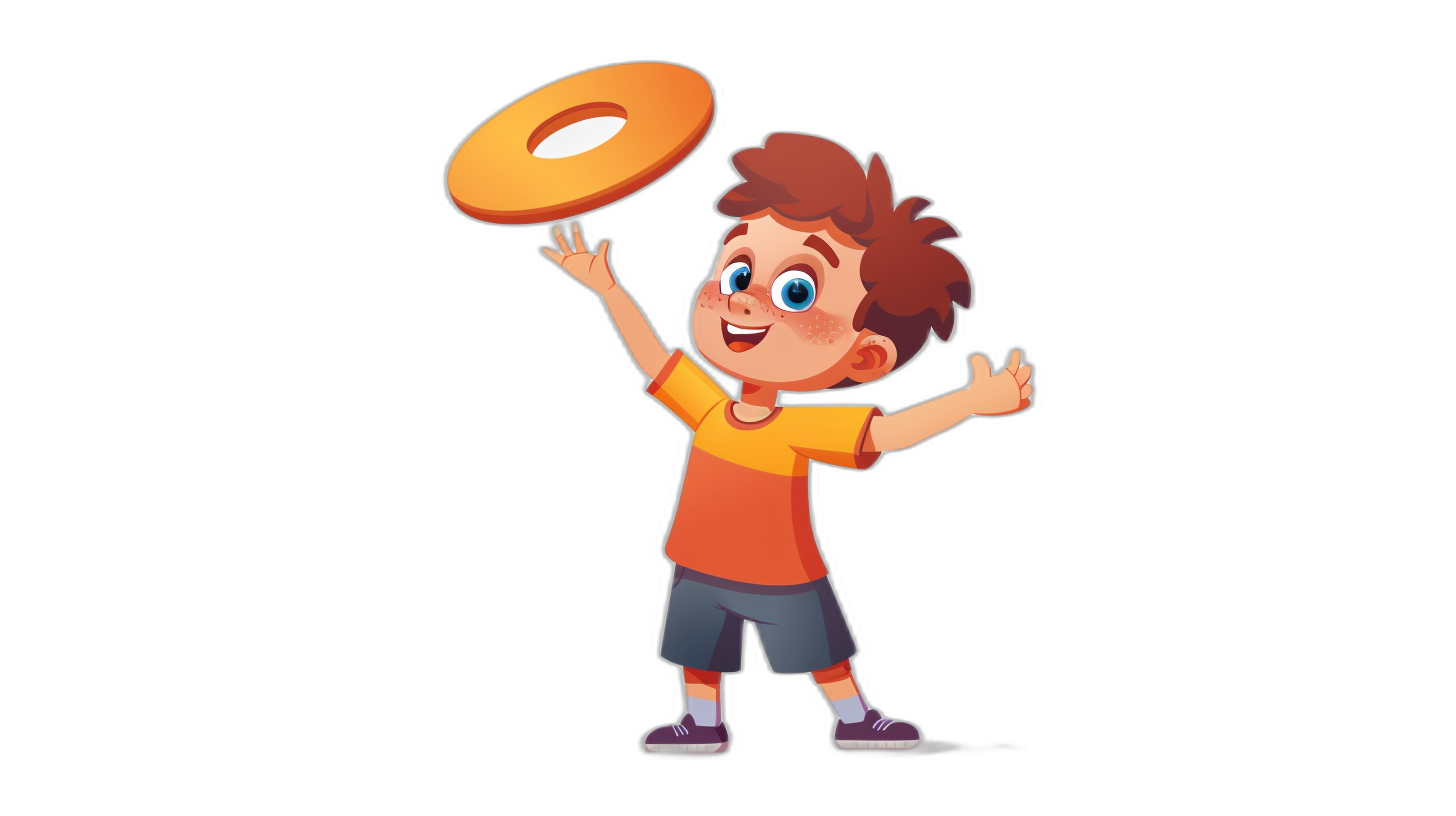 A cartoon boy is playing frisbee, with his right hand reaching out to catch the frisbee. He has been realised in high resolution and in full color on a black background. He has brown hair and blue eyes, dressed casually wearing shorts, an orange tshirt and gray shoes. The character will be depicted from an angle of about one third from the side.