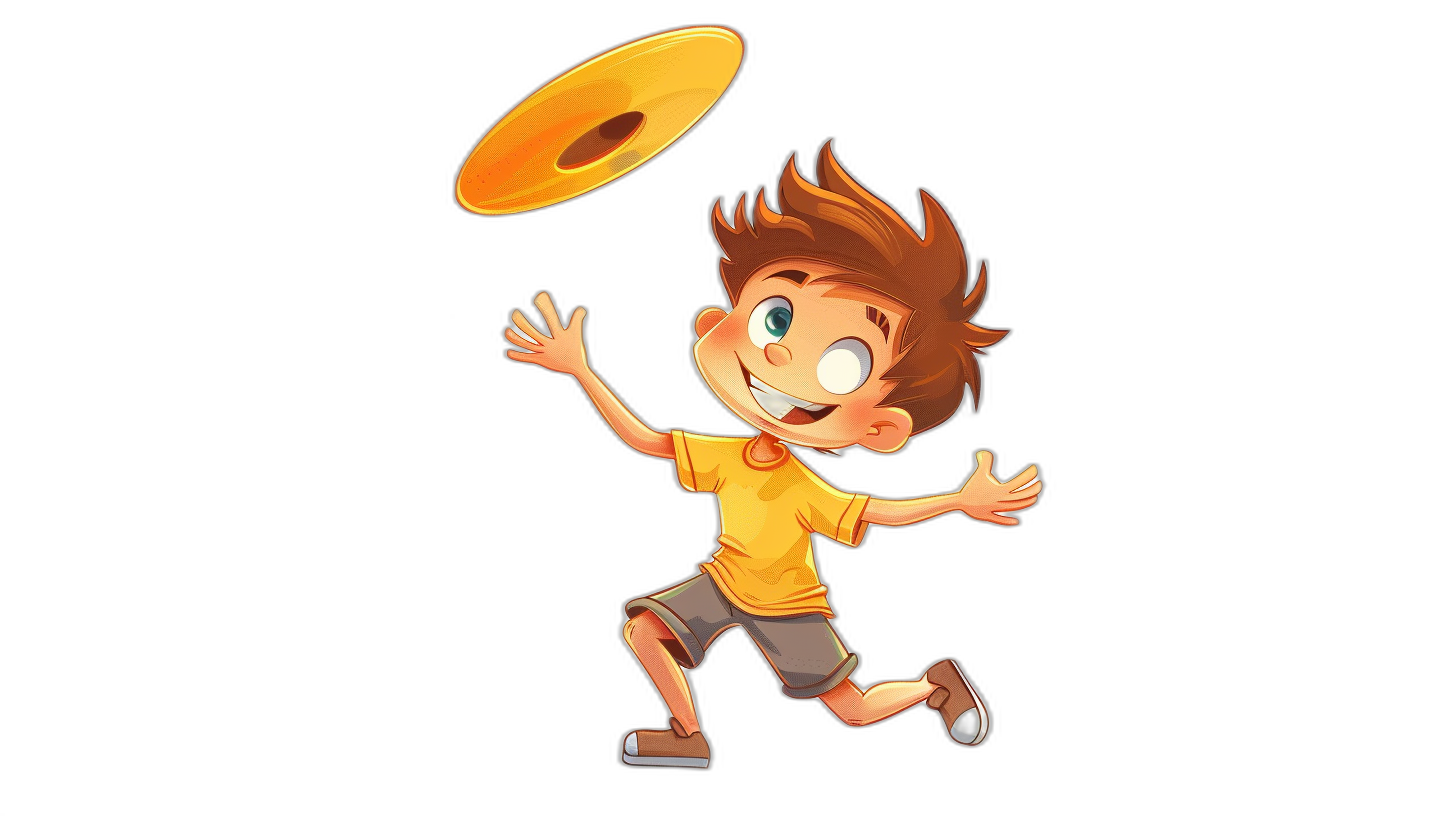 A cartoon boy in a yellow shirt and grey shorts is playing frisbee against a simple black background in a simple flat illustration style with black outlines. It is a full body shot of the boy with a cute face, brown hair, white eyes and a happy expression as he throws the frisbee including hand movements. The cartoon character design is in the style of a colorful animation style with high resolution and high detail quality.