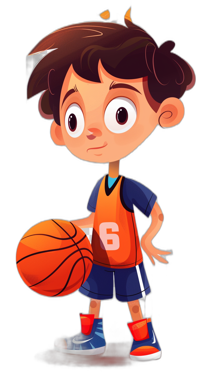 A cute little boy in a basketball uniform, holding the ball with his right hand and facing forward in the style of cartoon, on a simple black background, with a colorful illustration in the Disney Pixar animation character design style, as a full body portrait, with black shoes, big eyes, dark brown hair, wearing an orange jersey with the number 6 on his chest. The overall color scheme is bright and vibrant.