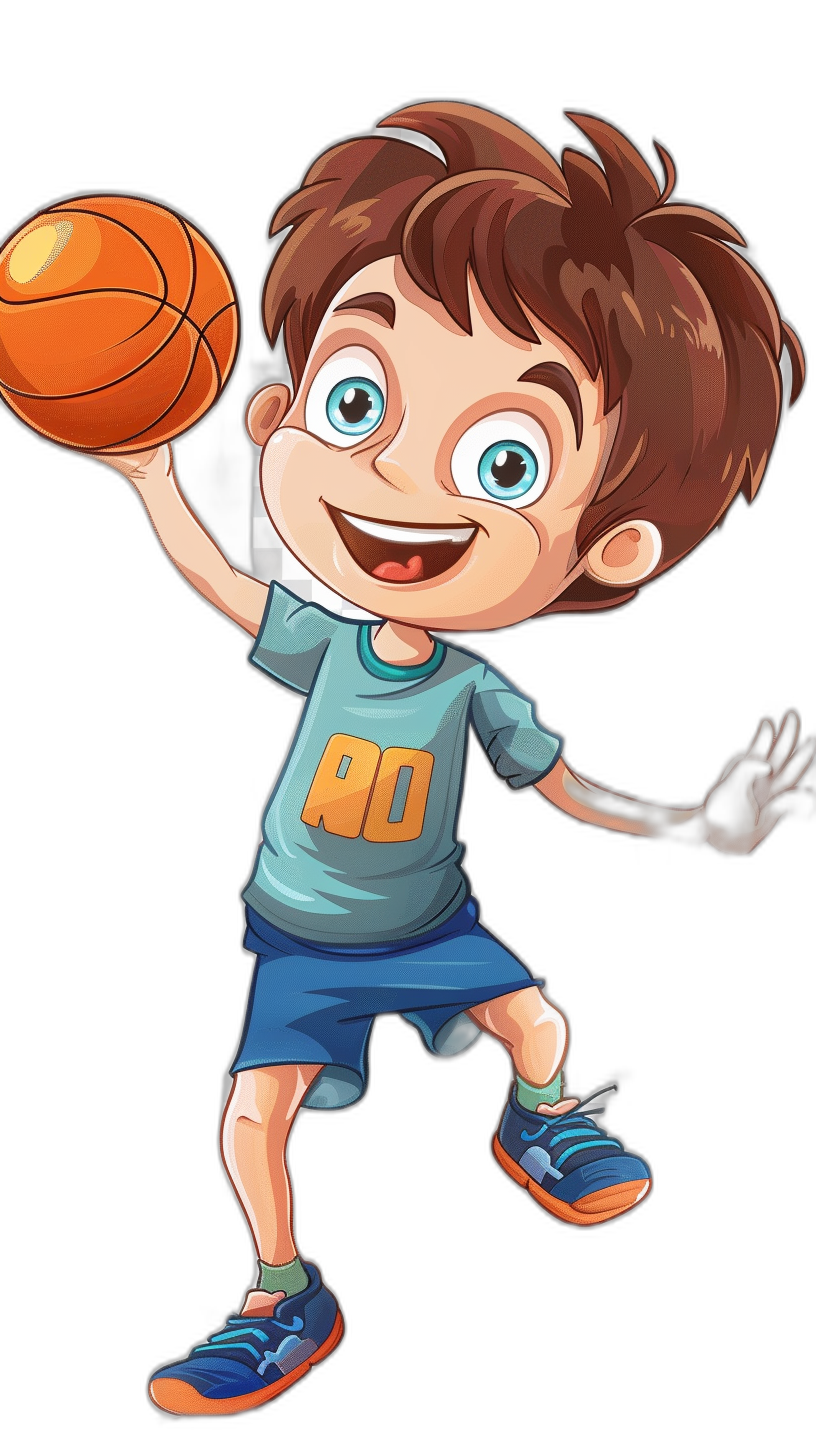 A cartoon boy with brown hair and blue eyes is playing basketball, wearing shorts, sneakers in the air, holding an orange ball, smiling face, simple background, colorful , simple illustration style, black solid color background