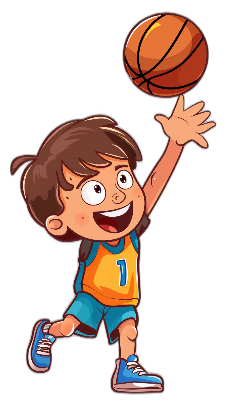 A happy cartoon boy playing basketball in a vector illustration with a black background. He is wearing blue shorts and an orange t-shirt with the letter I on it. The child has brown hair worn in pigtails. He holds up his right hand to hit or throw his ball while smiling at what he sees in front of him. His shoes match well with his outfit. A plain white isolated background highlights the colors beautifully. In full color. Isolated on a Black Background. Vector Illustration.