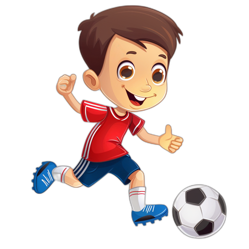 cartoon style, vector design of boy playing soccer with black background, wearing red tshirt and blue shorts , he is smiling and kicking the ball