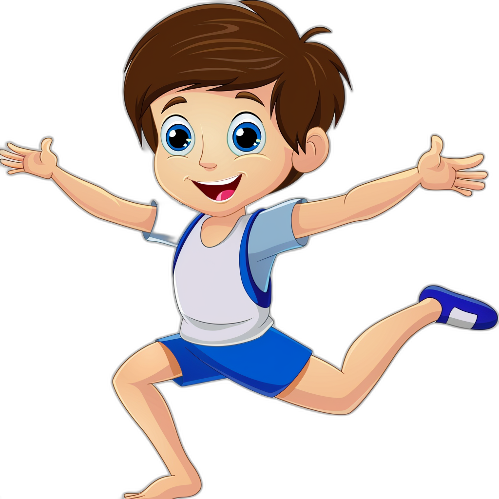 cartoon of a happy boy in sportswear, jumping with arms outstretched, wearing blue shorts and a white t-shirt, with brown hair, big eyes, in the style of clip art isolated on a black background