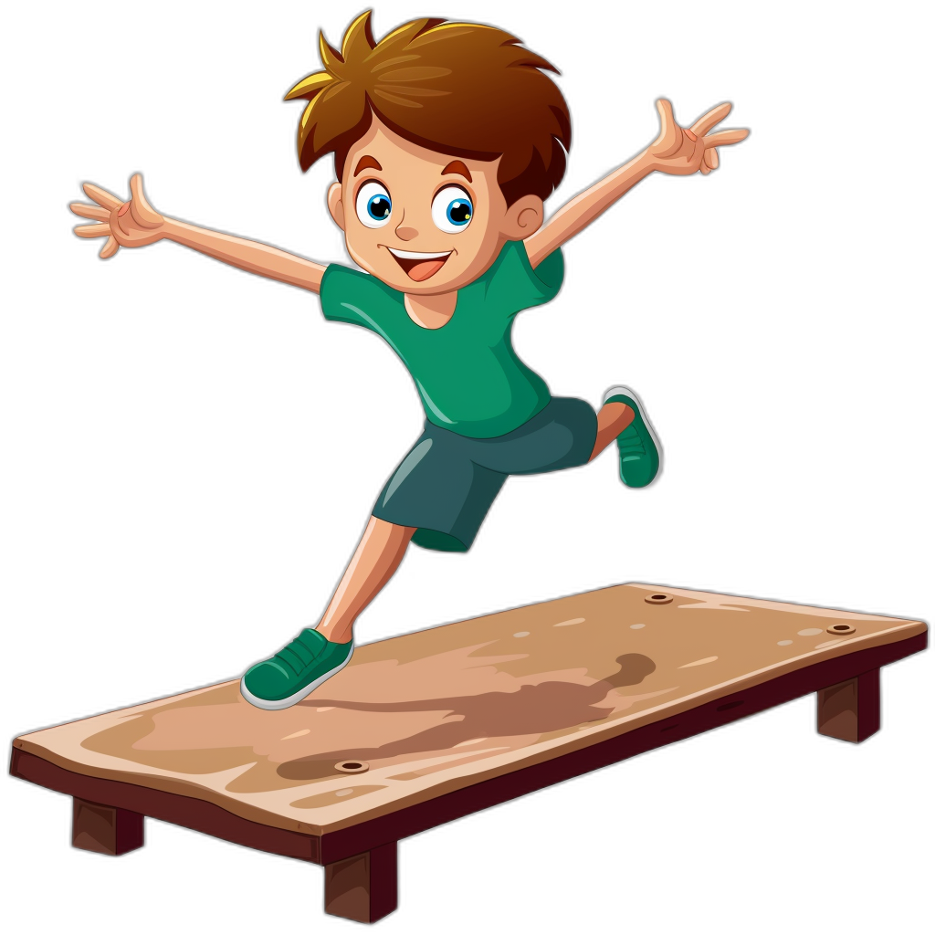 A cartoon boy jumping on the long jump board, in a vector illustration style with a black background and green shirt. The brown hair is short and he has blue eyes. He wears dark shorts and teal shoes. In front of him stands an empty wooden table with no objects placed there. A shadow falls from above onto his face.