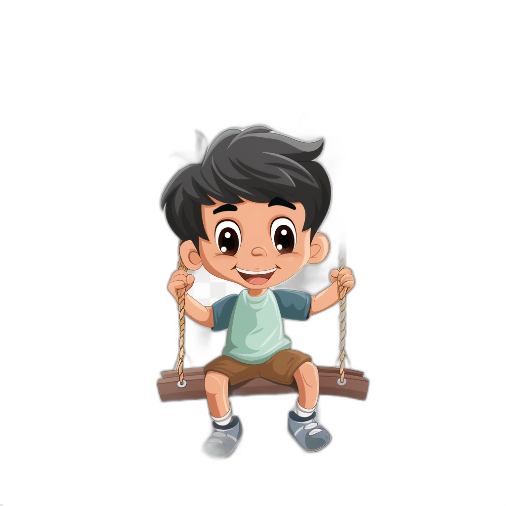 A cute happy Asian boy sitting on a wooden bench and swinging with a black background, vector illustration logo design in the style of cartoon style.