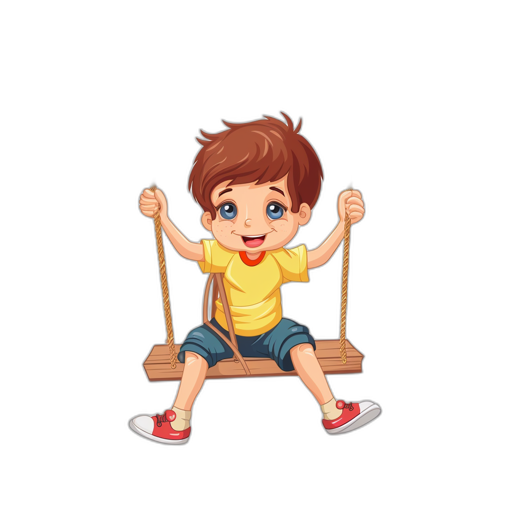 A cute cartoon boy sitting on the swing in a simple flat style illustration against a black background, wearing colorful , big eyes and a happy expression, sneakers, a yellow t-shirt, and blue shorts. The design is a vector with no shadow or detail around it. It has clear lines and highlights in red color. A white wooden rectangular small bench under his feet, in the style of a logo with a symmetrical composition, a pure black background, a flat vector graphic logo, high resolution.