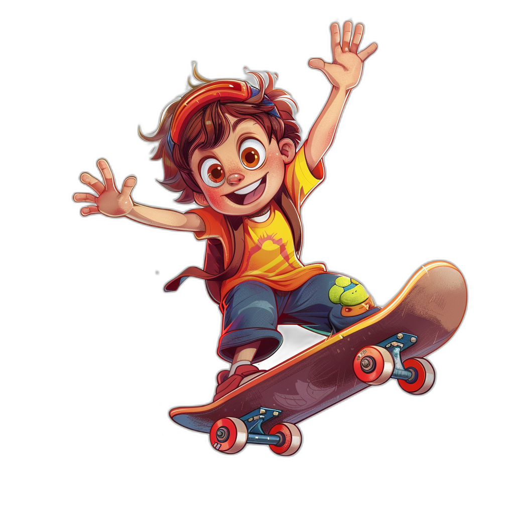 A cartoon-style illustration of an excited boy on his skateboard against an isolated black background, with a cute character design, vibrant colors, and high resolution. The illustration is in the style of a cartoon.