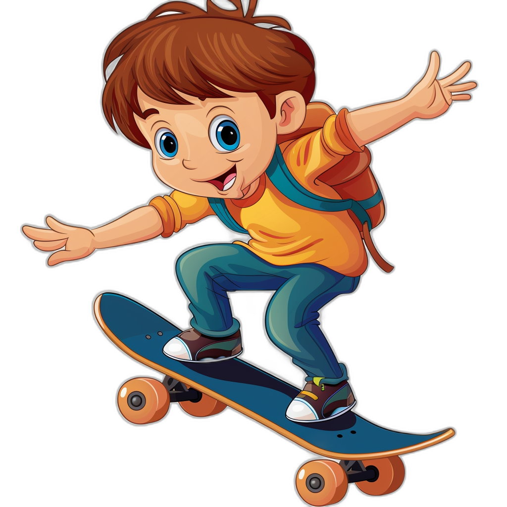 cartoon of a happy boy on a skateboard, in the clip art style, isolated against a black background