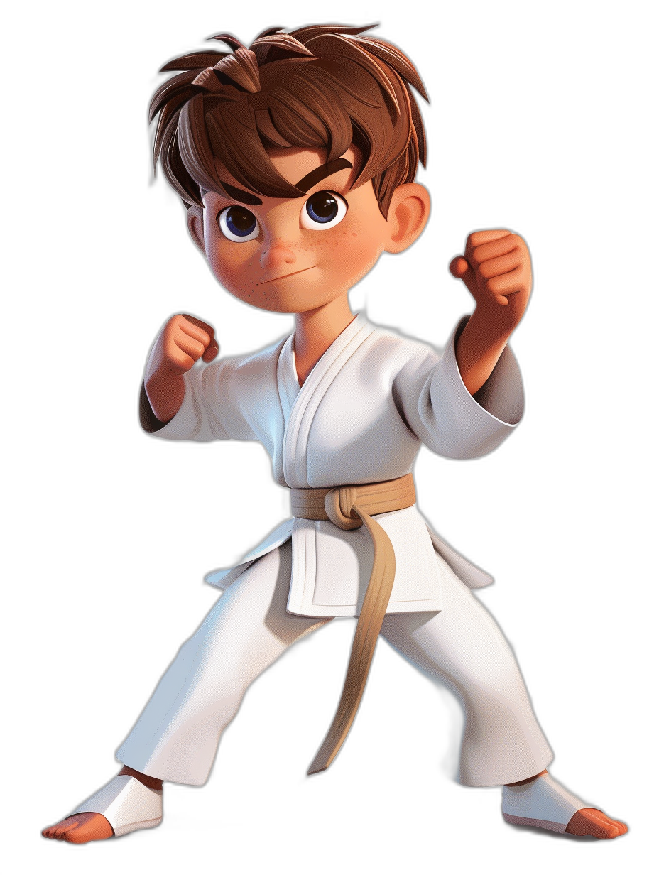 A little boy in a white karate outfit, doing a fighting stance, with brown hair and big eyes, showing his full body, in the cartoon style, against a black background, in the style of Pixar.