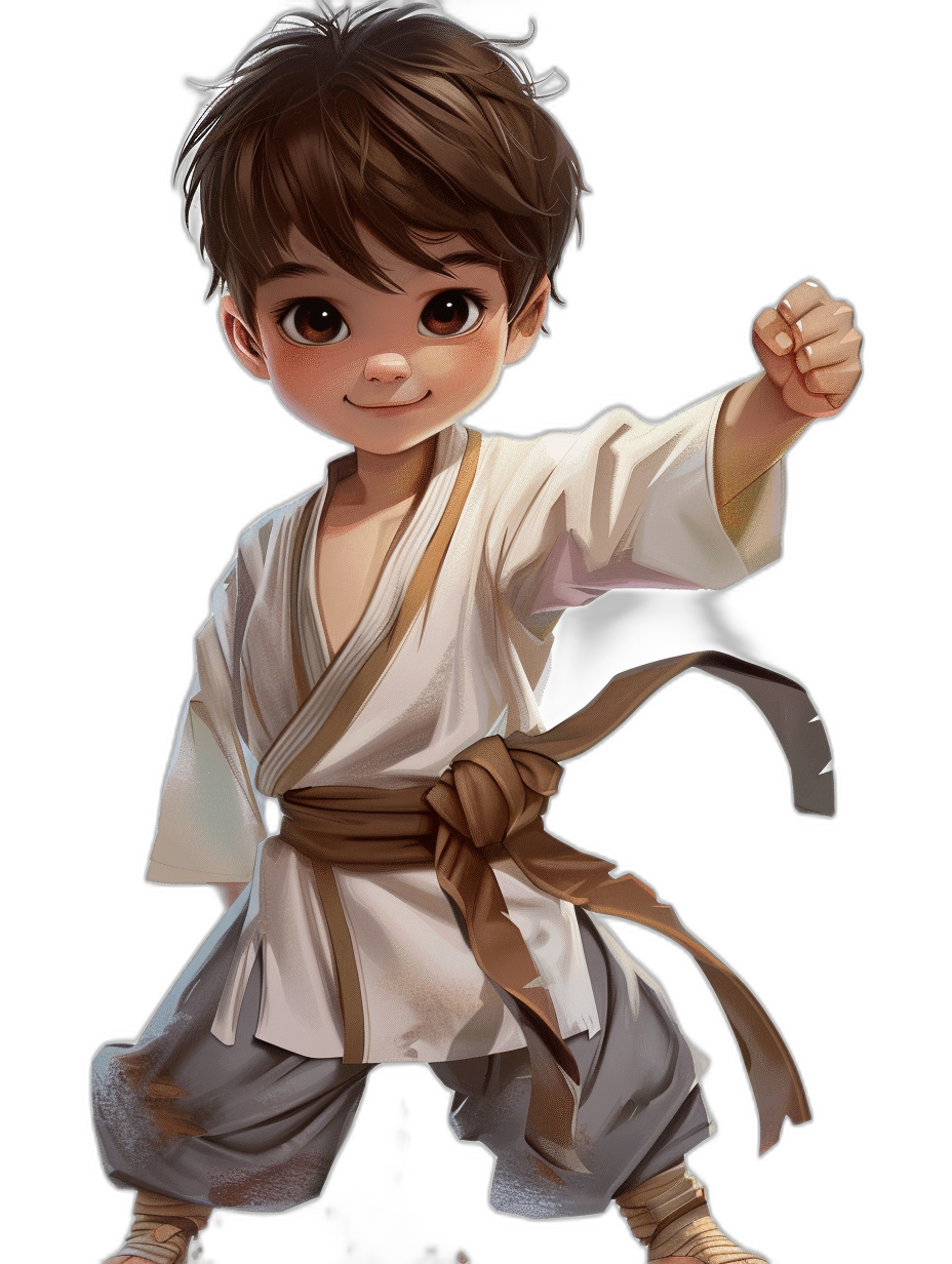 A cute little boy with brown hair in a white karate outfit and belt, doing a kung fu pose in the style of anime, with a chibi character design, in a full body shot against a black background, digital art in the style of [Atey Ghailan](https://goo.gl/search?artist%20Atey%20Ghailan), full HD, 300p.