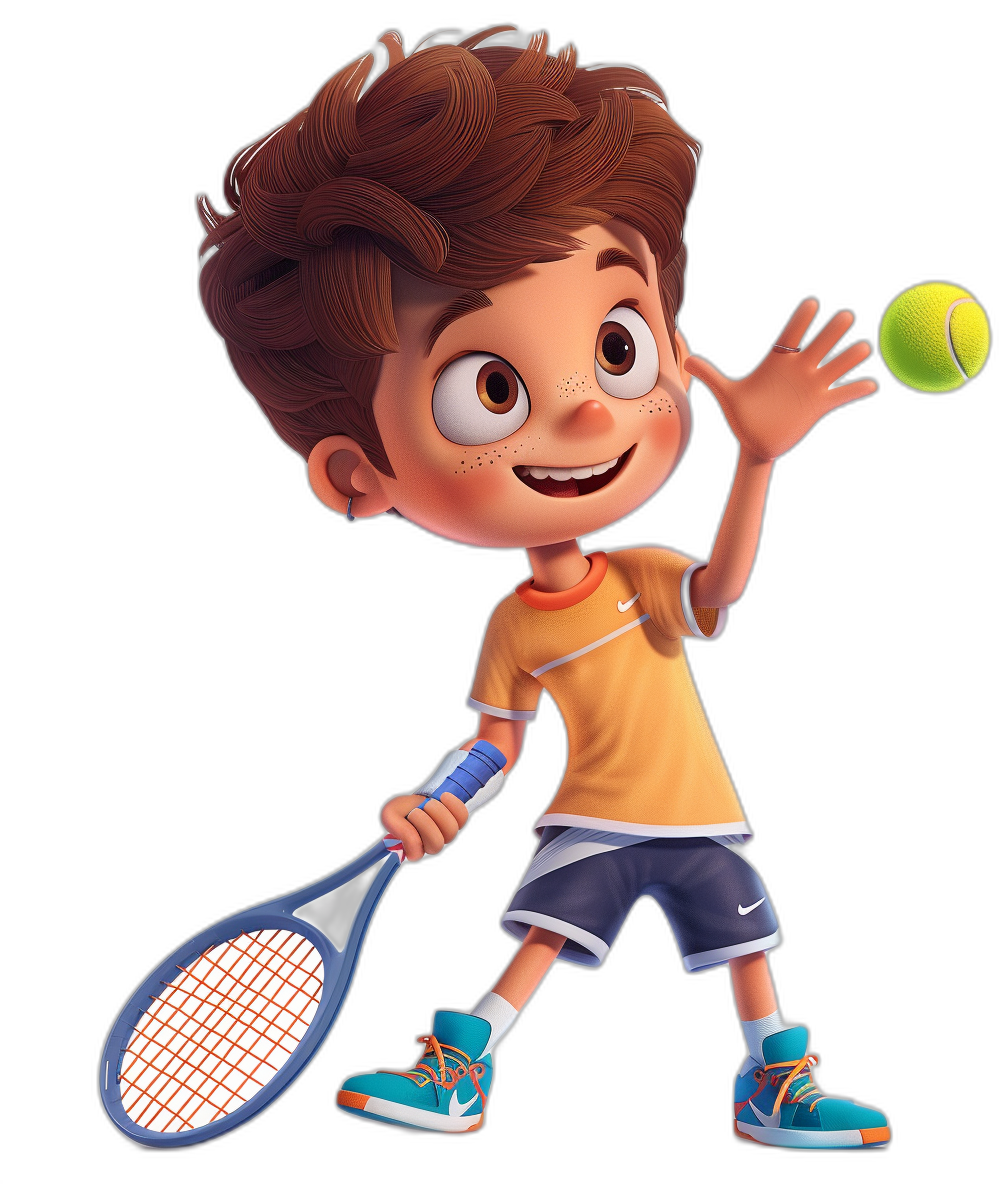 A cute boy with brown hair playing tennis in the style of Pixar, with a character design holding the racket and hitting the ball in his hand, wearing sports shoes against a solid black background, with 3D rendering and bright colors in a full body portrait with high-definition details and soft lighting, showing cheerful movements.