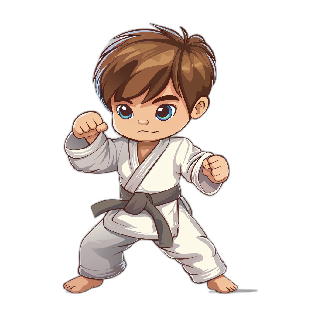 cartoon style chibi, young boy with brown hair and blue eyes wearing white karate outfit ready to fight on black background, full body. The boy is depicted in the style of a chibi cartoon, with brown hair and blue eyes, wearing a white karate outfit and ready to fight against a black background.