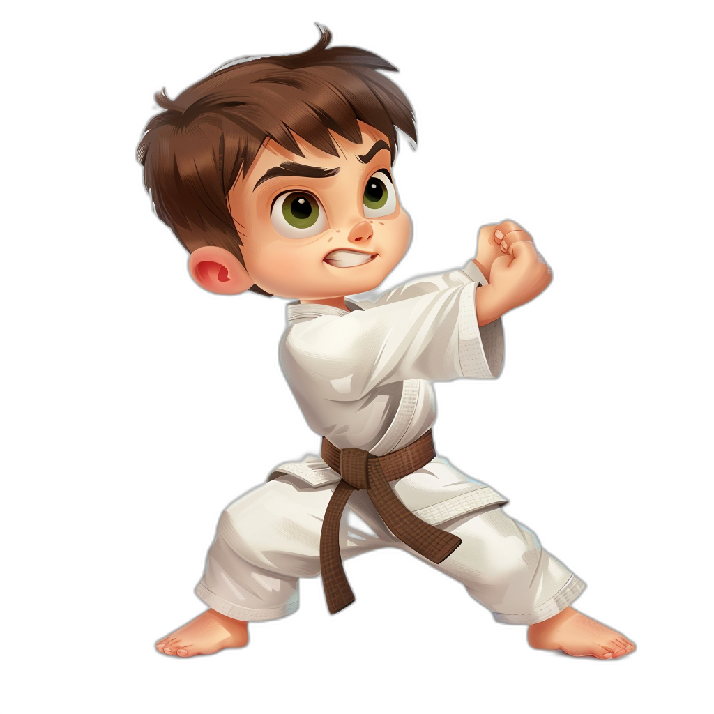 A cute little boy in a white karate outfit, with brown hair and green eyes, doing a j elév miu kick. He has no belt around his waist. Pixar style character design with a black background.