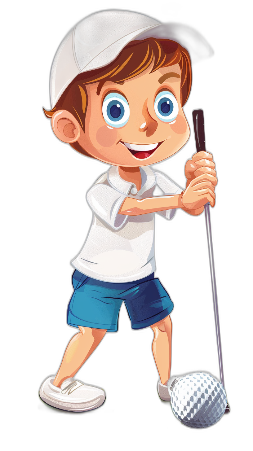 A cute cartoon of a young boy playing golf, wearing a white cap and blue shorts against a black background, in the clip art style.