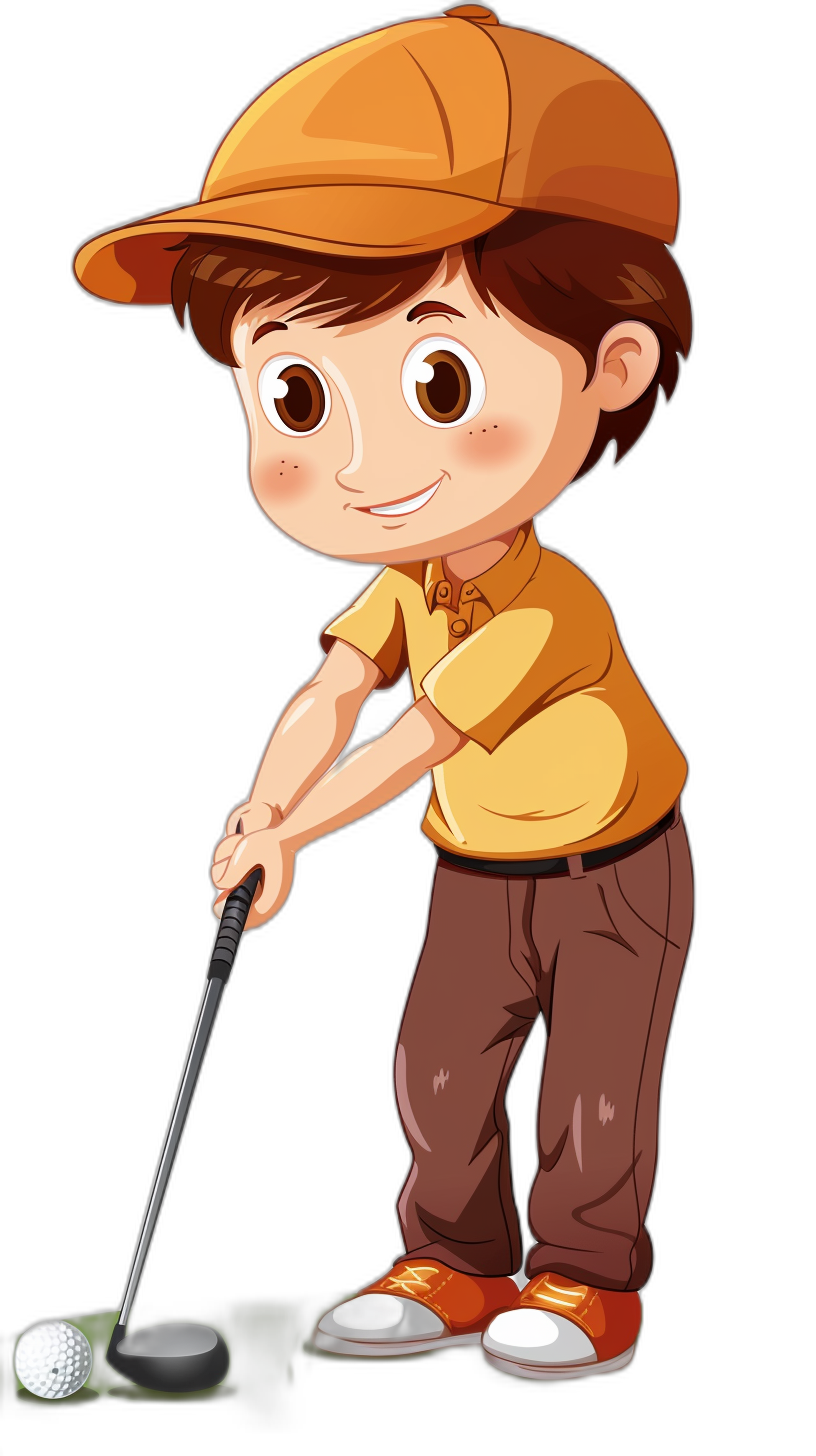 A cute cartoon of a boy playing golf, clip art for kids with a black background, in high definition.