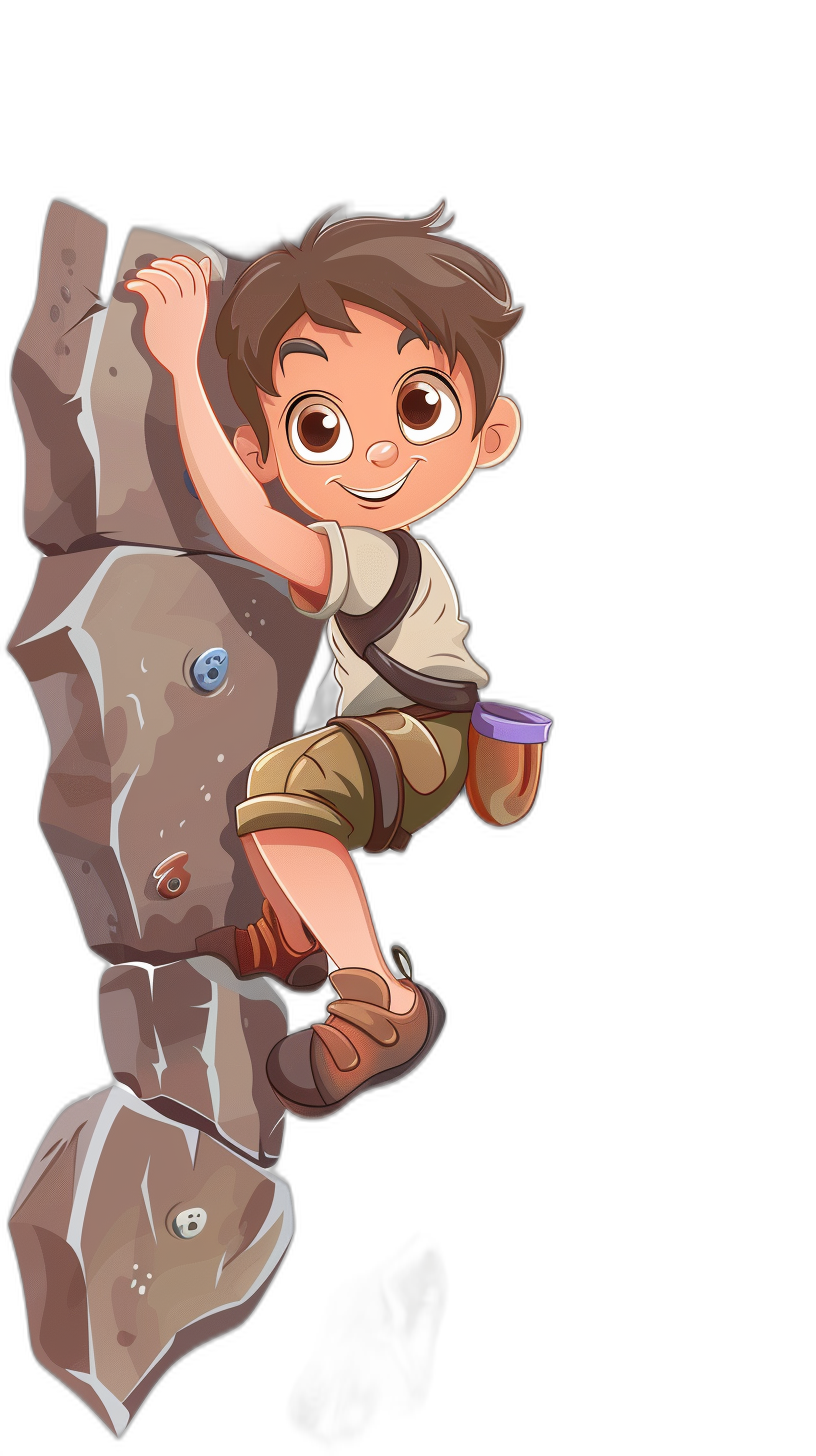 A cute little boy climbing on the bouldering wall, smiling happily and holding his drink in one hand, with brown hair, big eyes, short sleeves, and shorts. In the style of Pixar, with a black background, cartoon characters, vector graphics, a full body portrait, rock climbing equipment, soft lighting, warm colors, high resolution, rich details, and a joyful atmosphere.