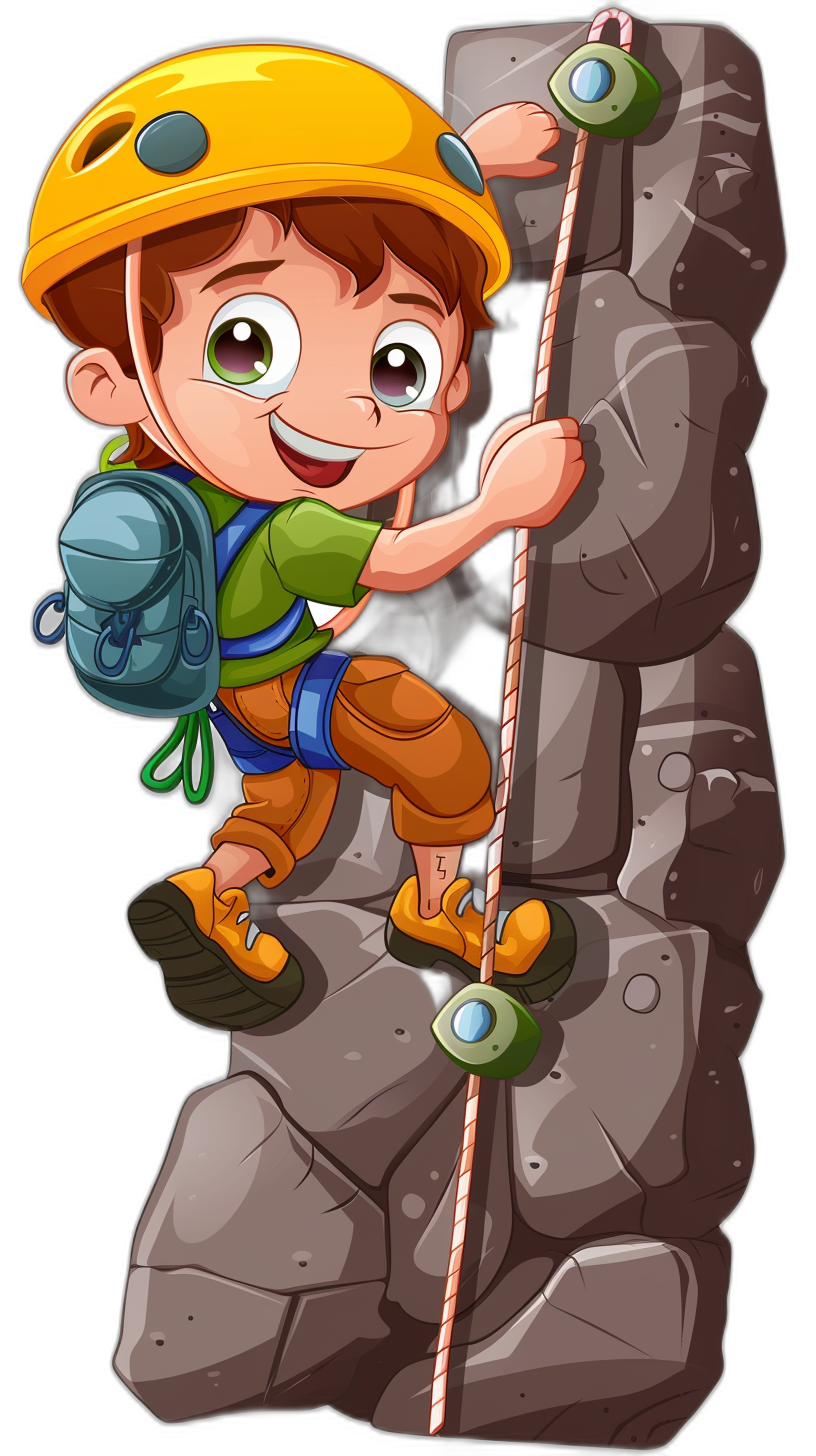 A cartoon vector illustration of an adorable boy wearing climbing gear and helmet, holding onto the side of a rock wall with his feet on the ground as he climbs up to the top of it. He has big eyes and is smiling, isolated on a black background.