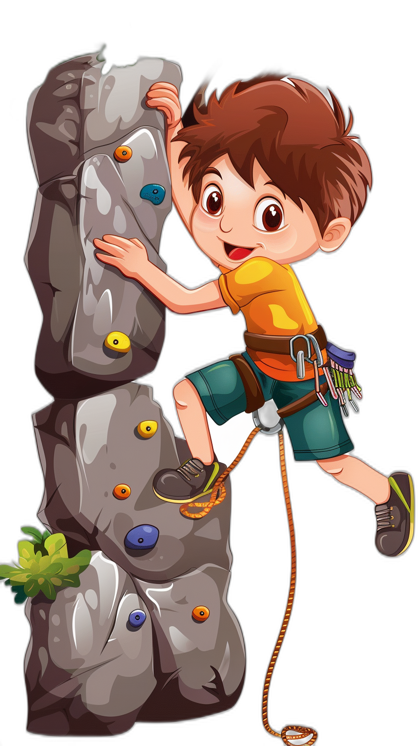 A cartoon boy climbing on the rock wall, clip art for stickers, black background