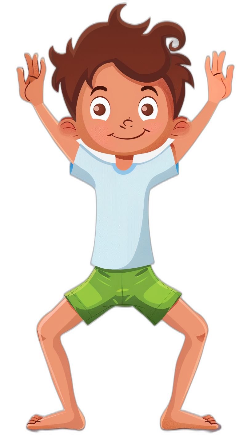 A boy doing yoga, cartoon style vector illustration with black background. The character is in the T pose and has brown hair wearing green shorts and white tshirt. He should have his hands up above head and feet on ground, making ‘v’ shape with fingers. His eyes look happy and joyful.