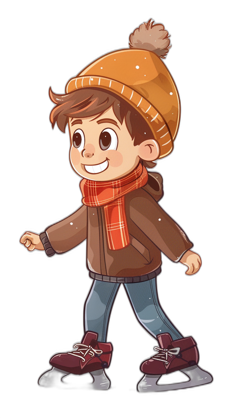 Cute cartoon boy ice skating, wearing a brown jacket and hat with scarf, full body portrait in a simple flat illustration style on a black background, 2D design, colorful , cartoon character with big eyes, cute smile, bright colors, wearing red shoes, happy expression, simple lines, cute face shape, cute expressions, full of vitality, lively movements, in the style of.