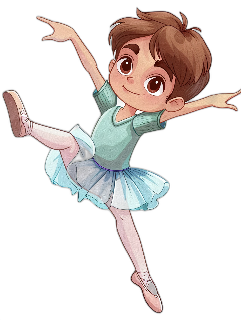 Cute cartoon illustration of an adorable little boy with brown hair wearing a light blue ballet costume, dancing in the air against a black background in the style of a cute style.