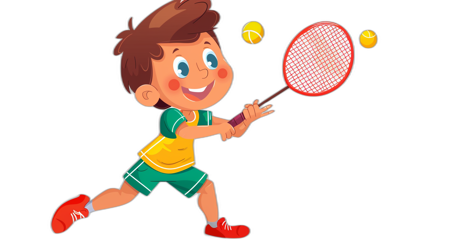 cartoon child playing tennis, vector illustration, flat design, black background, simple and minimalistic, cute character design, 2D game art style, flat color, vector graphics, flat color blocks, flat shading, flat lighting, simple details, bright colors, cute face expression, short brown haired boy wearing green shorts with a yellow shirt holding a red racket hitting the ball in the style of a cartoon, cartoon child playing badminton in the style of a cartoon, cartoon children’s book illustrations with a flat design, flat shading, simple flat design