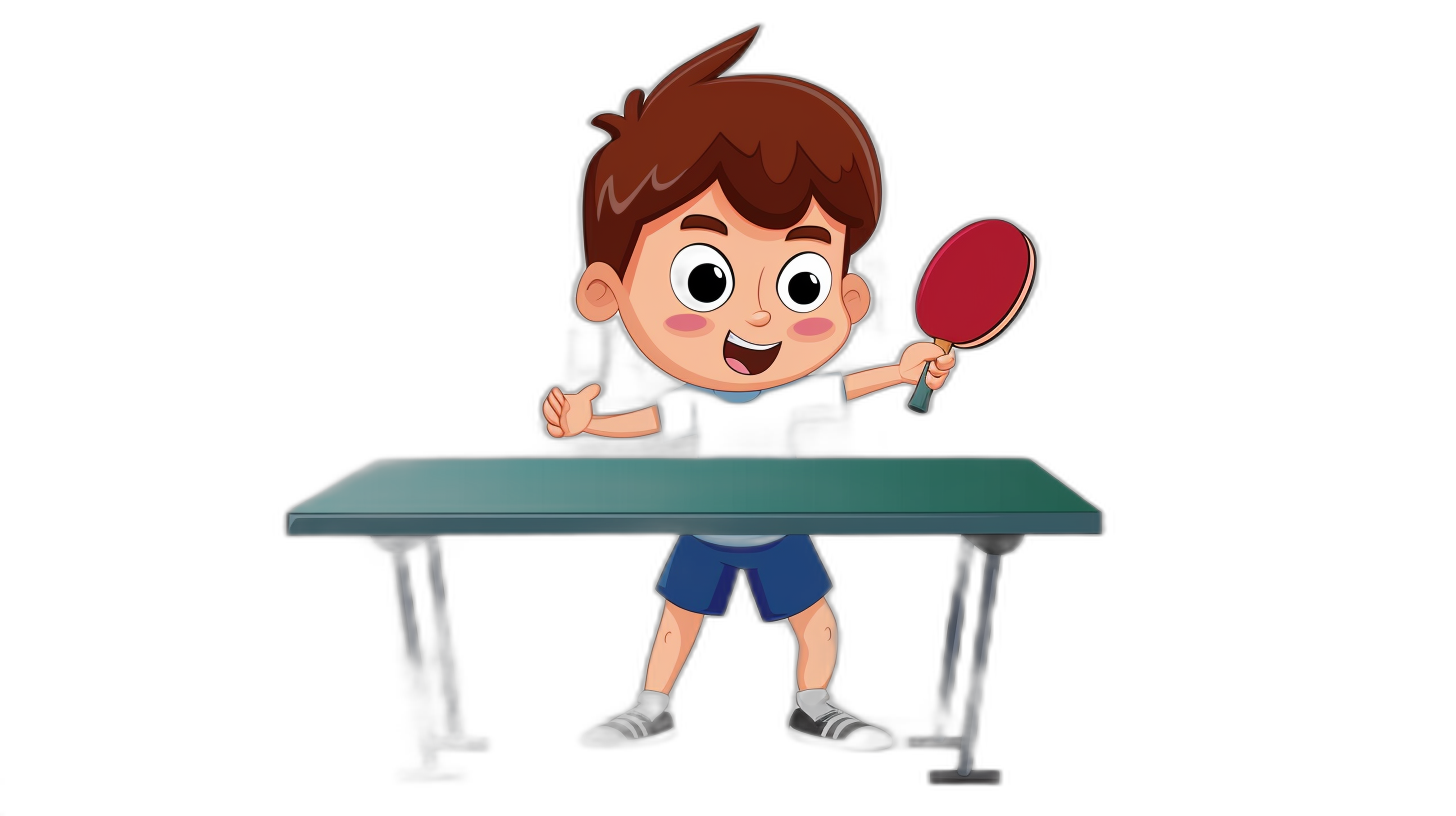 Cartoon style kid playing table tennis, holding the racket in his hand and smiling happily, standing next to an empty green table with black background. The boy has brown hair and is wearing blue shorts. He’s happy while enjoying his game ofwide shot