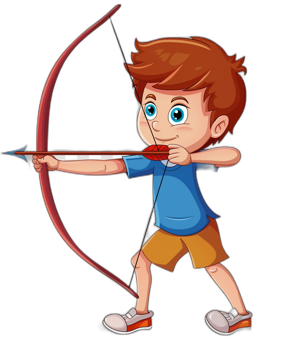 A cartoon boy shooting an arrow, vector illustration with a black background. He has blue eyes and brown hair wearing shorts and a tshirt. The long, red bow is in his mouth. It’s a simple design suitable for kids, in the style of no particular artist.