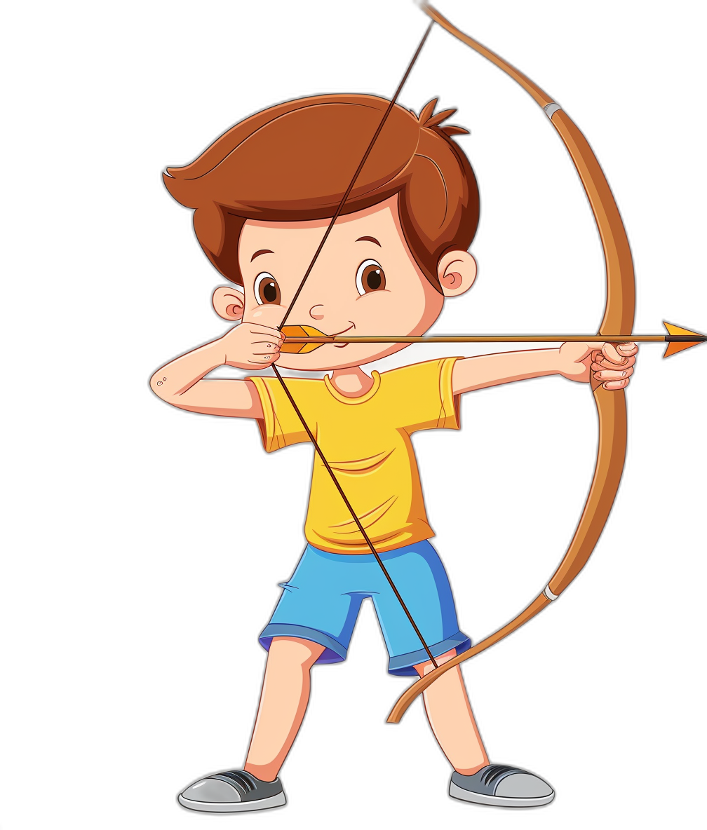 Cartoon style, cartoon cute little boy shooting bow and arrow, vector illustration with black background. The young archer is dressed in blue shorts and yellow tshirt holding the string of his longbow ready to shoot an arrow. He has brown hair. Vector Illustration on Black Background. Cartoon character design.