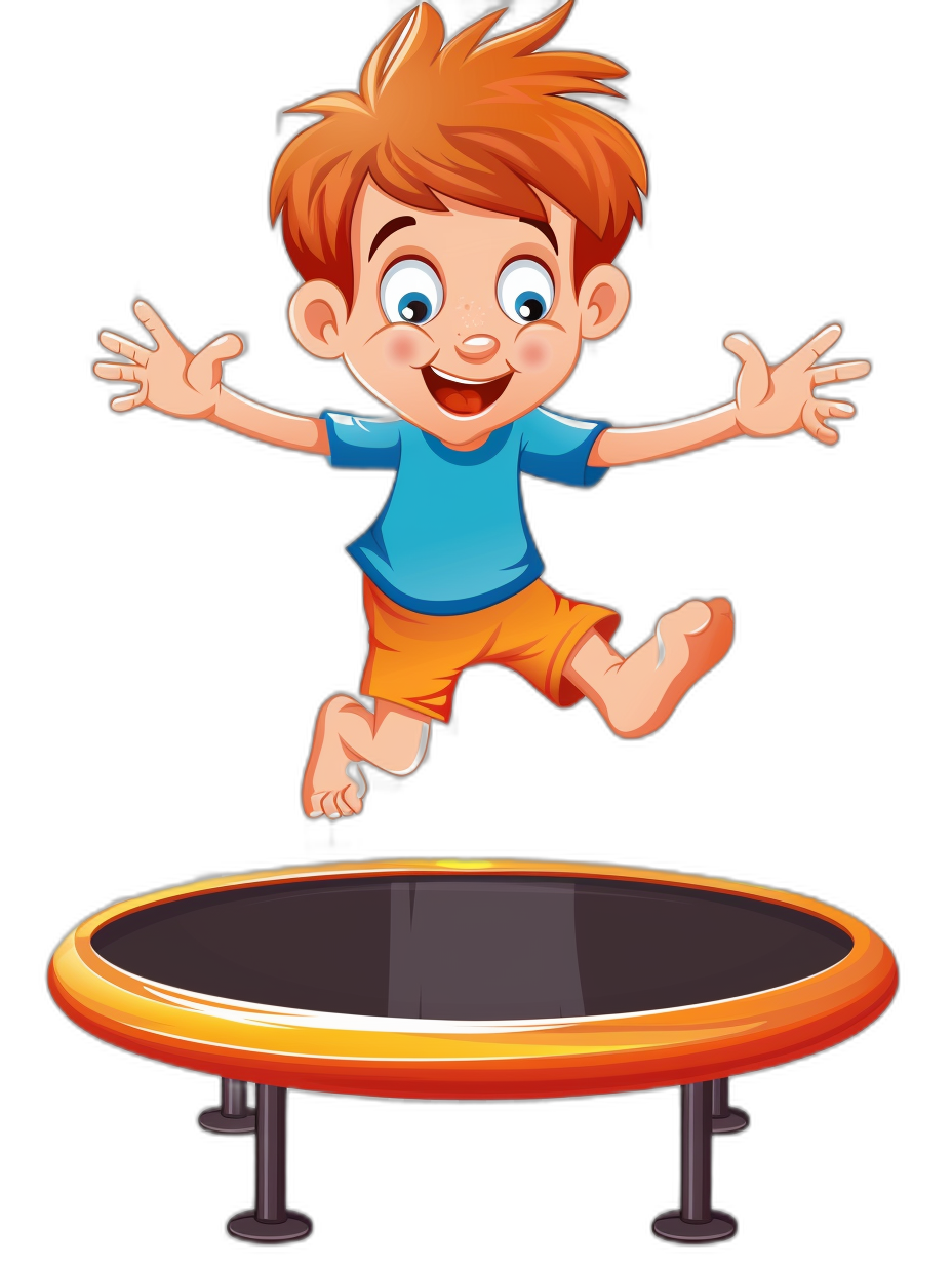 A cartoon boy jumping on the trampoline, vector illustration style with black background, simple and cute. He has short hair in red color, blue eyes, wearing orange shorts and lightblue tshirt. The trampolines have round shape and orange edges, and he is smiling happily while holding his hands up to balance himself as she jumps down.