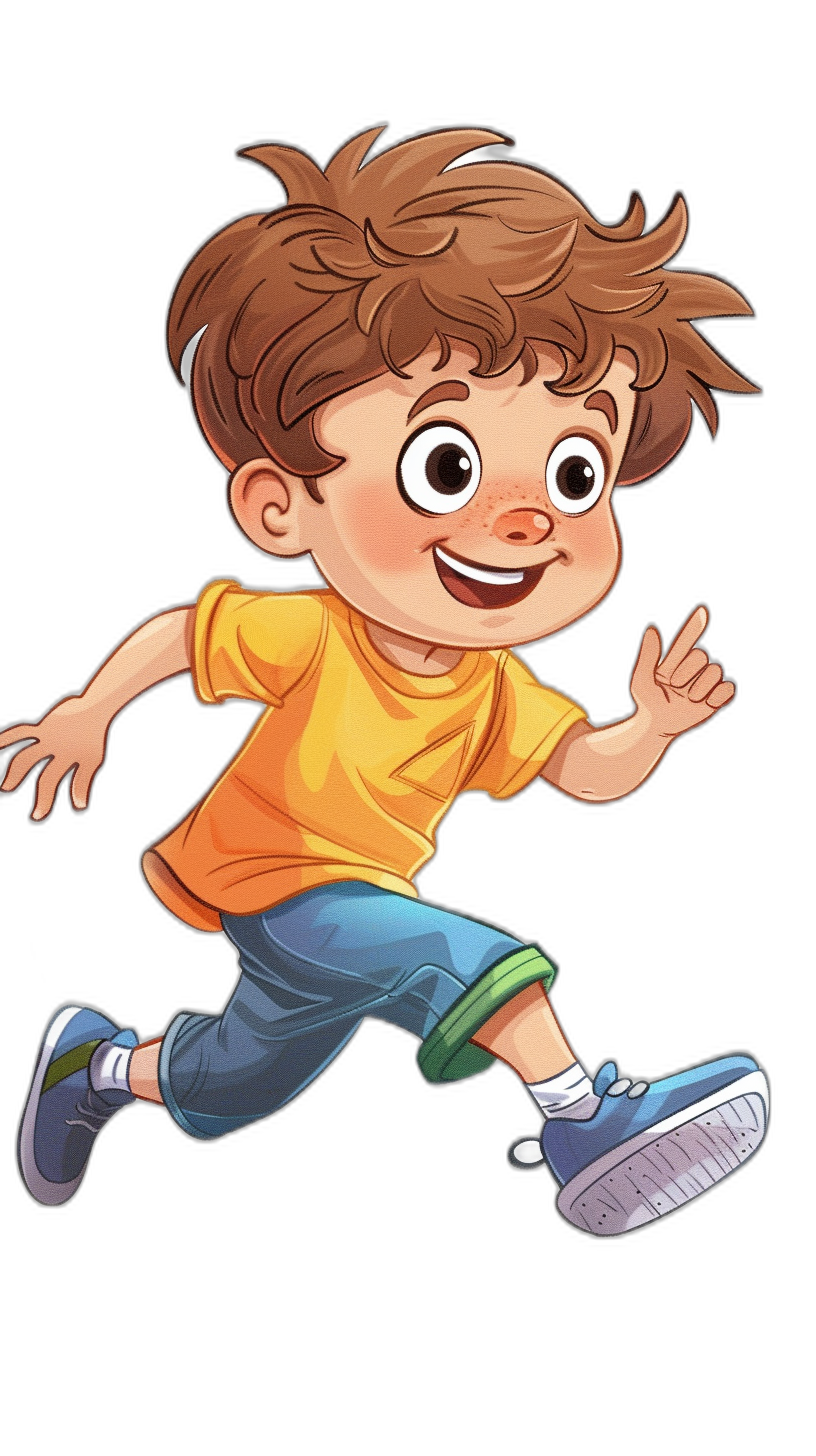 Cute cartoon boy running with a happy expression in the style of Disney, on a black background with colorful  and blue shoes. He has big eyes, short brown hair, and white skin. It is a realistic photo with high resolution.