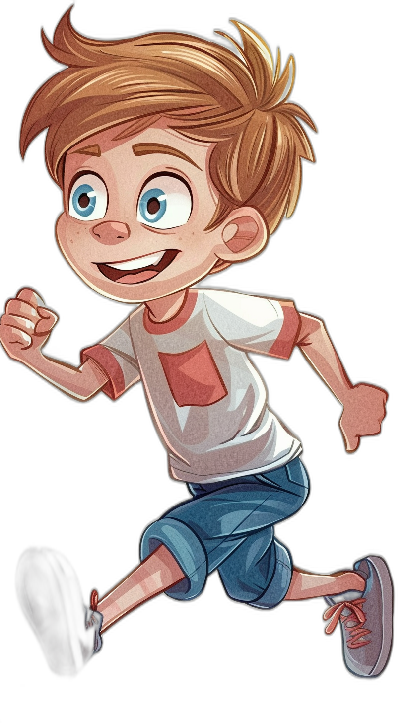 A cartoon illustration of a happy boy running, full body portrait, short blonde hair with bangs and blue eyes wearing a white t-shirt and jean shorts, black background, chibi character design, in the style of Disney, in the style of Pixar animation, 3D render, high resolution, intricate details, vibrant colors, cute and adorable, smiling face, running pose, colorful , cute shoes, cheerful mood.