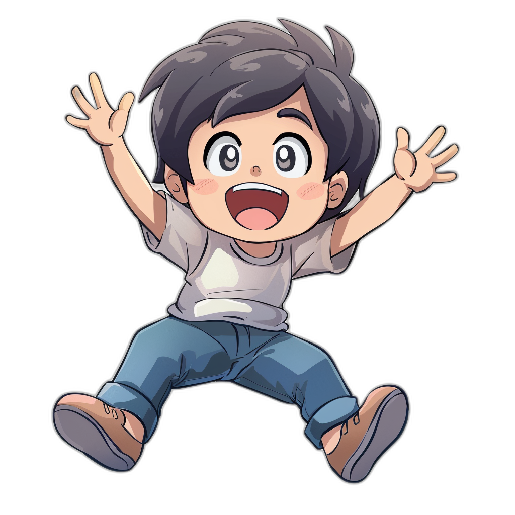 A cute boy with gray t-shirt and blue jeans is jumping on a black background. The style should be in the style of shonen j Planner manga. He has dark hair, big eyes and a wide open mouth smiling. His hands are up in joy, with flat colors, a simple design with no shadows or shading details. It is a vector art, vector illustration for printing on a white background T-shirt.