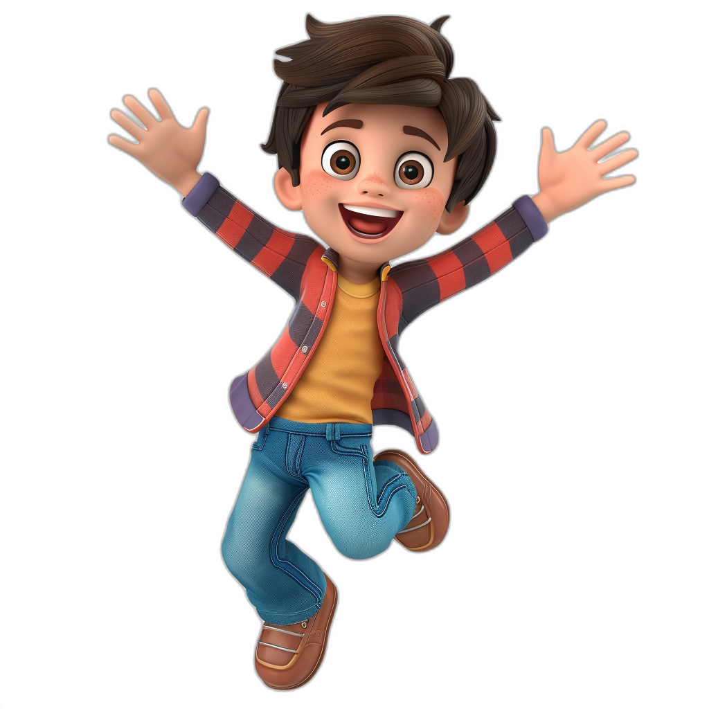 A boy with brown hair, wearing jeans and a checkered jacket is jumping in the air. He has big eyes and a smiling face. He is a Pixar style character rendered in 3D against a black background.