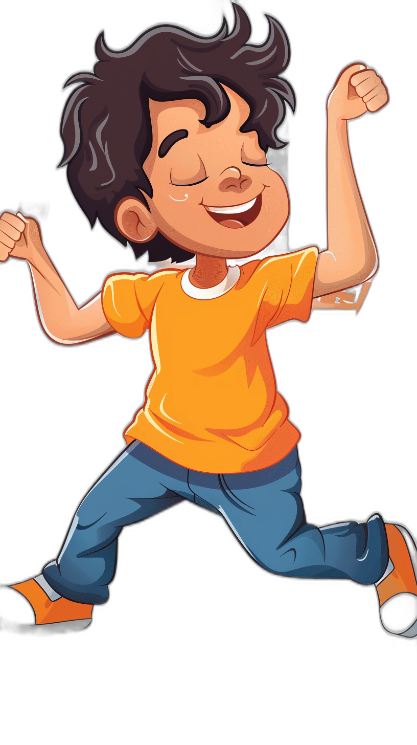 A happy indian boy in an orange t shirt and blue jeans is jumping for joy, he has black hair with some gray on the sides, full body cartoon style vector illustration, high quality, black background, high resolution, high detail, high definition,