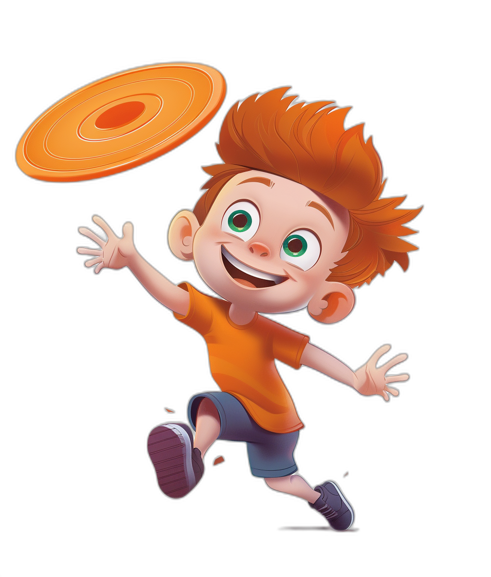 A cartoon character of an orange haired boy with green eyes and short hair is throwing a frisbee on a black background in the style of 2d game art. It has a simple Disney Pixar cartoon illustration design with a cute storybook illustration style and colorful animation stills. The image contains cartoonish caricatures with a simple color palette and is high quality, high resolution, and high in detail in a cartoon PNG format clipart style.