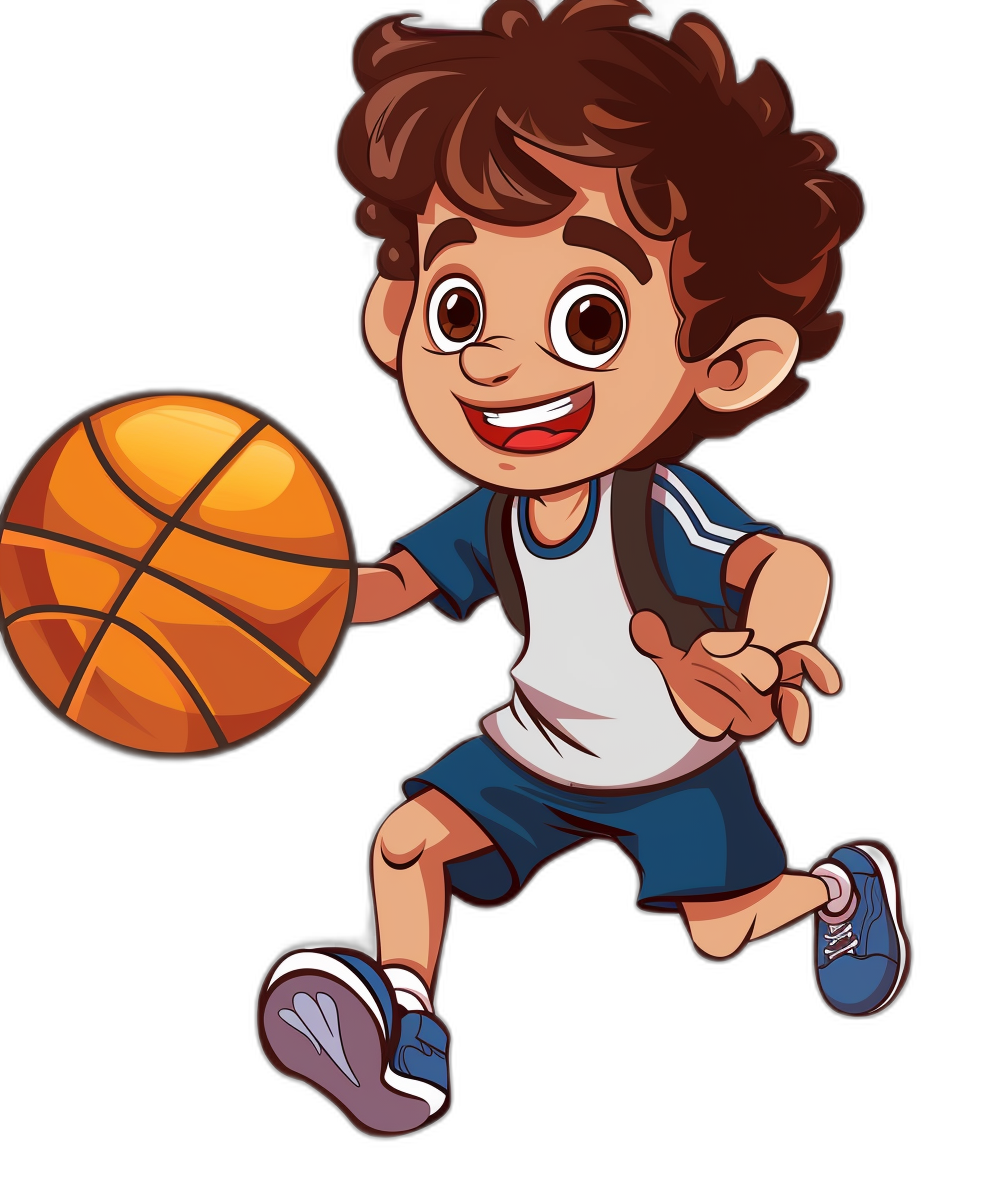 A boy playing basketball in a cartoon style vector illustration against a black background. He has a cute and happy facial expression while wearing blue shorts, a white shirt, and dark brown curly long hair. Holding the ball in his hand, he runs toward the right side of the screen. The vector art features a full body character with clear details and no shadows, suitable for a t-shirt design in high quality and high resolution.