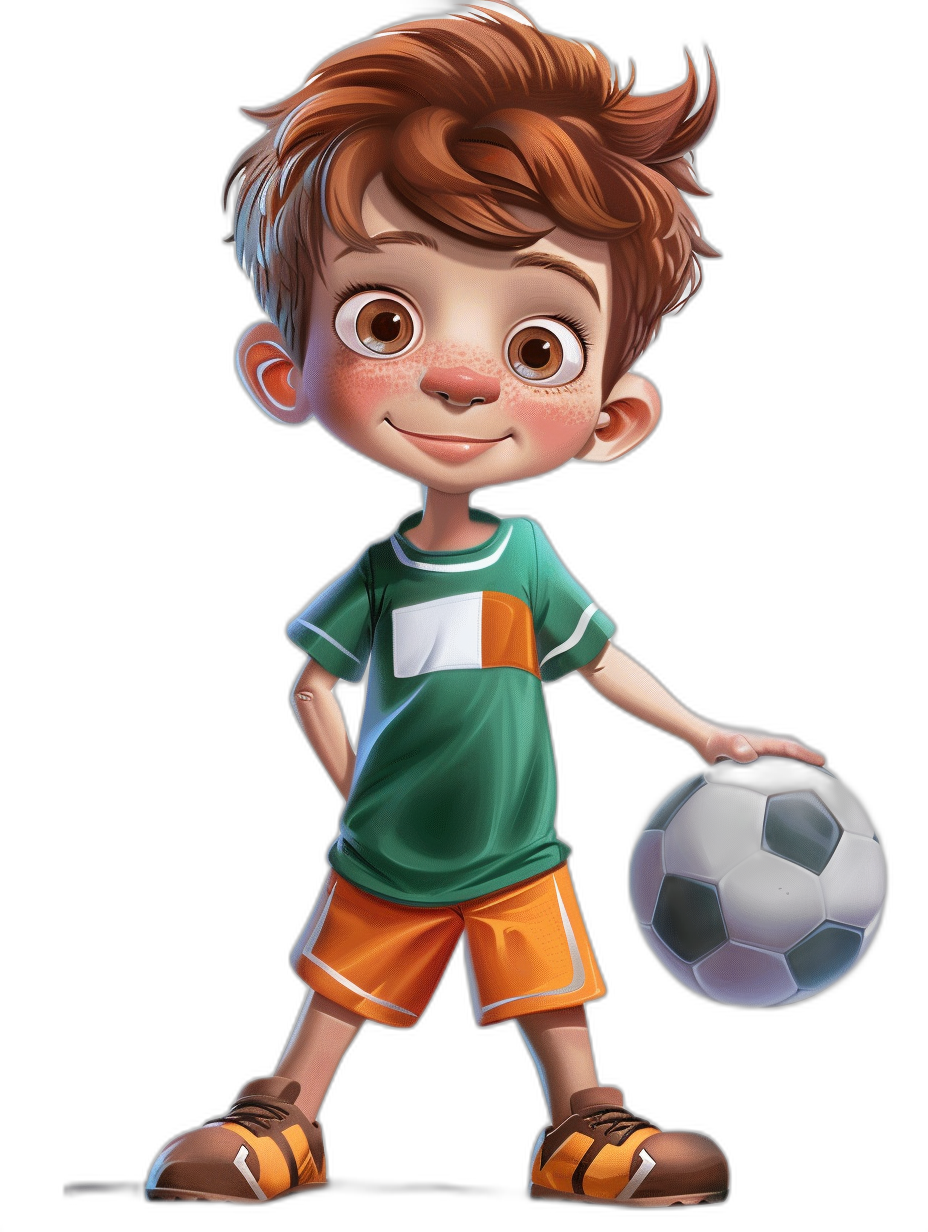 A cute happy cartoon boy with brown hair and short shorts in the colors of Ireland, orange shorts and a green t-shirt holding a soccer ball in the style of Disney Pixar on a black background.