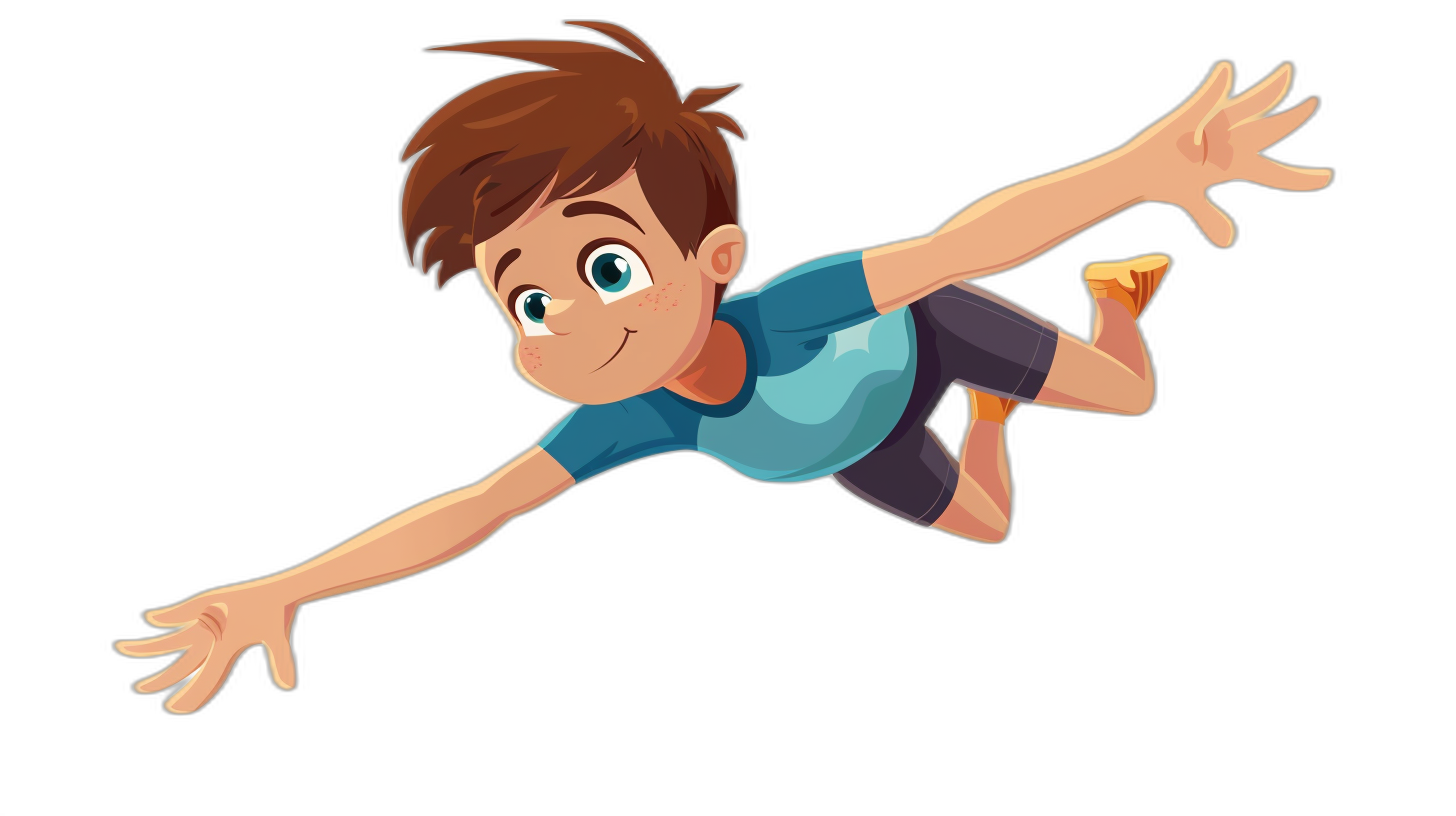 A cartoon-style boy flying in the air, vector illustration with a flat design style on a black background. The character has brown hair and is wearing a blue t-shirt and shorts. He’s reaching out to touch something or someone below him. His expression looks happy but slightly surprised as he smiles while falling down from above. This depiction could be used for children’s books or video game graphics, showcasing his cheerful demeanor even when facing unexpected challenges. The style of illustration resembles that of an artist known for their cheerful cartoon characters.