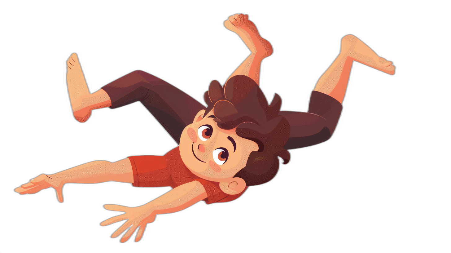 Disney Pixar style cartoon of brown haired boy falling upside down, on solid black background, full body shot, flat colors, simple, cute