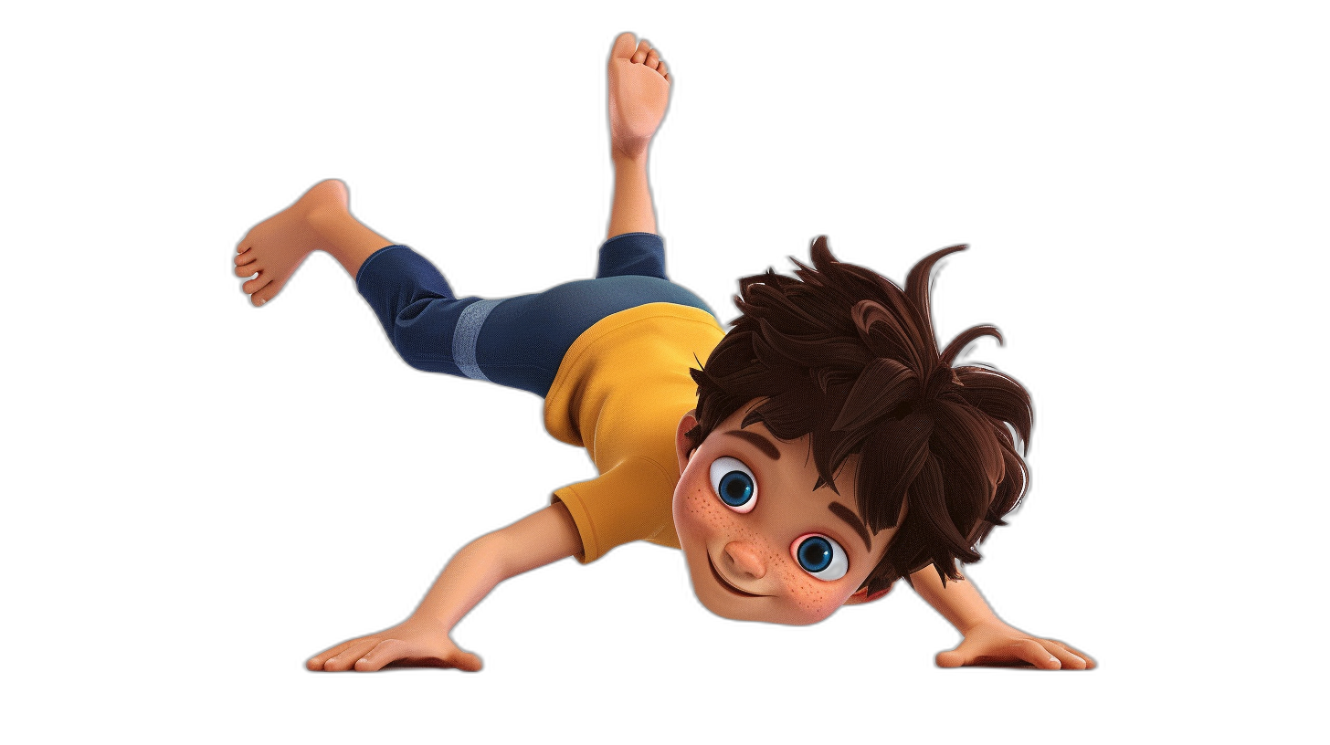 A young boy with brown hair and blue eyes doing a handstand in the style of Pixar, in the Disney cartoon character style, a full body shot in the 3D render style, octane rendering style, on a black background, wearing a yellow shirt, dark pants, and black shoes, with a cute, happy face and smiling with bright colors.