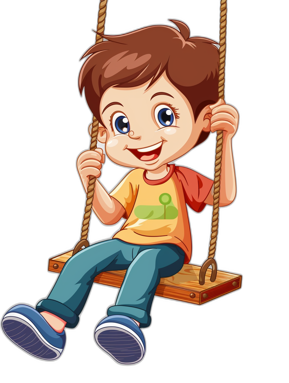 a cute cartoon of happy boy sitting on the swing, clip art style isolated black background