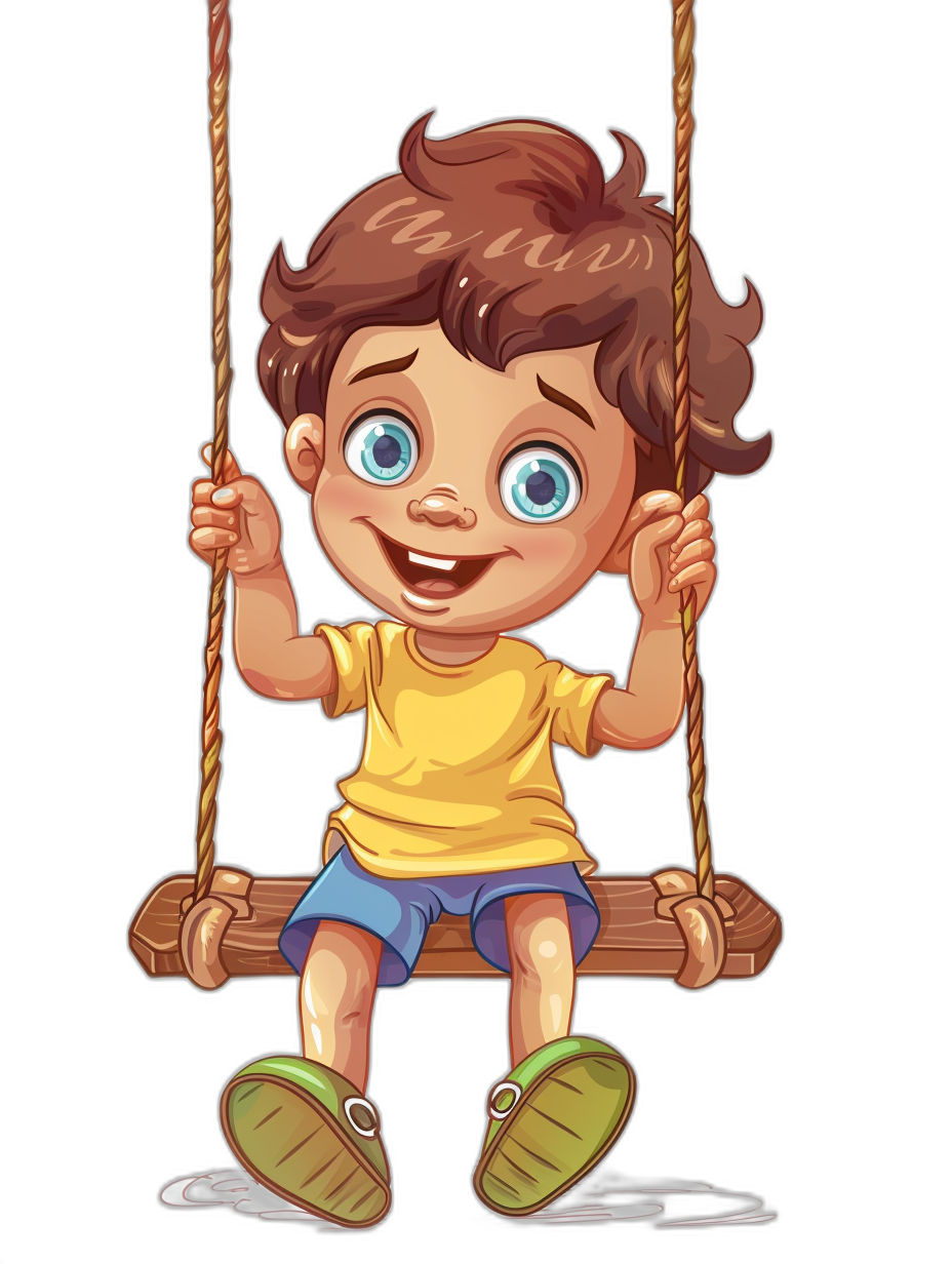 A cute happy cartoon boy sitting on the swing, black background, vector illustration style with flat design and bright colors. The little girl has big blue eyes, brown hair, wearing yellow tshirt and dark shorts. He is smiling happily while holding onto both sides of his wooden seat. Her feet were hanging off one end of each rope, giving him an exaggerated expression. She was so small that she could not reach her legs. A very detailed and highquality portrait.,,in