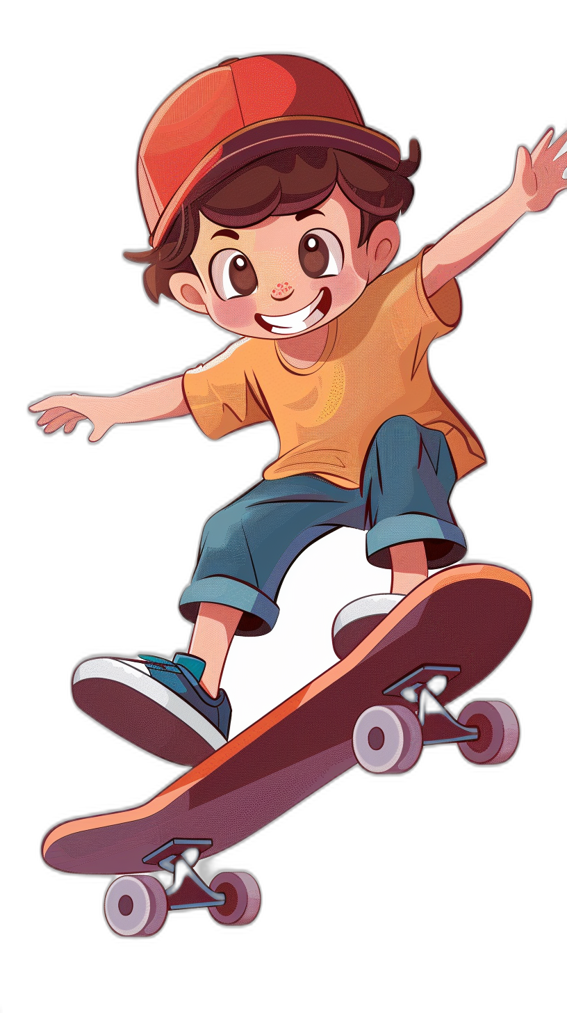 cartoon boy with brown hair and an orange cap, doing a skateboard trick, smiling, full body shot, black background, in the style of Disney, 2d flat design, cute, colorful, low detail, vibrant colors, low contrast, high resolution