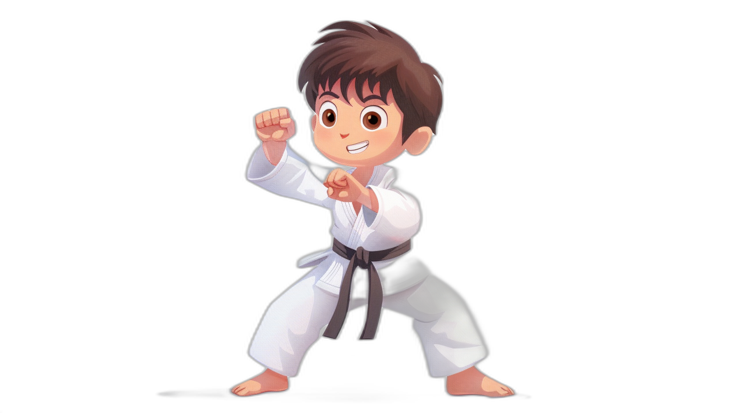 A cute boy in a white karate outfit with a black belt, doing a jumping kick pose, with simple facial expressions and eyes, in a full body shot, with a simple background, in a simple cartoon style, with a chibi character design, in the style of 2D game art, with high resolution, high quality, and high detail, in a digital painting, with natural lighting, on a black background, with professional color grading, and clean sharp focus.